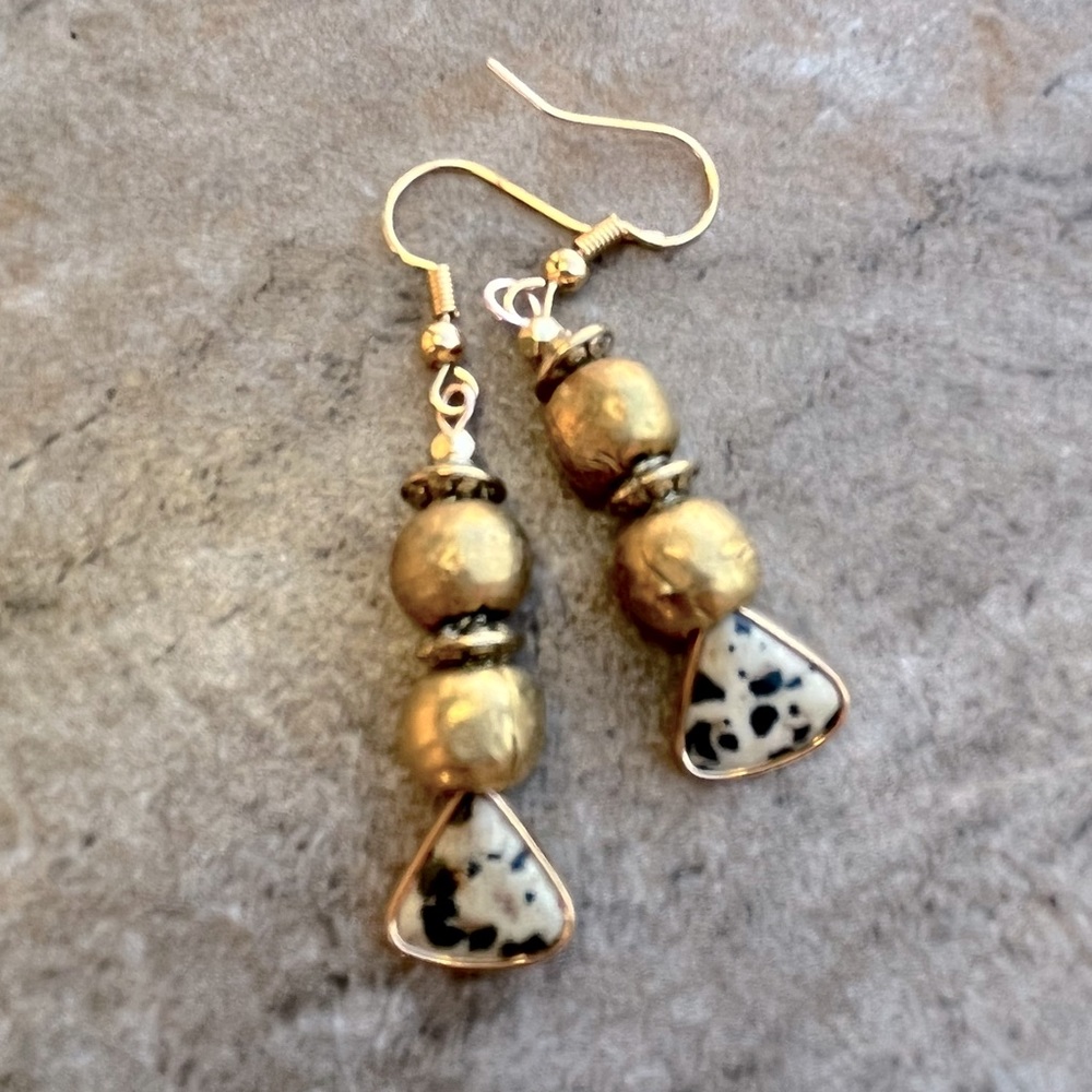 Bohemian Earrings African Tribal Brass Beads and Dalmatian Jasper Gemstone